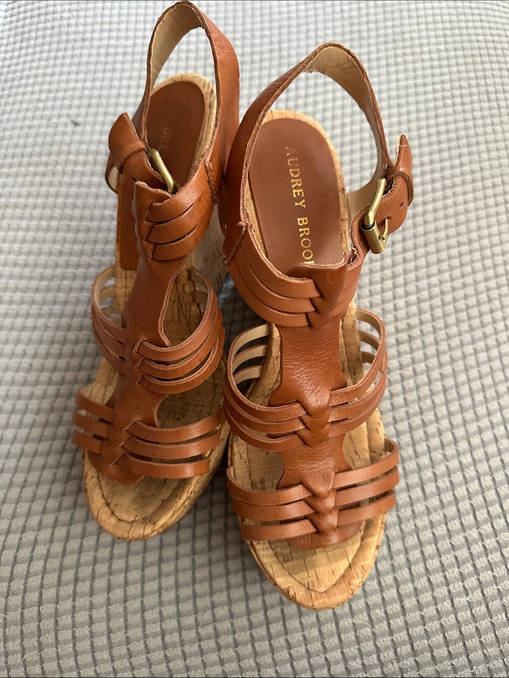 Audrey Brooke Cognac Leather Strappy Wedge Sandals
